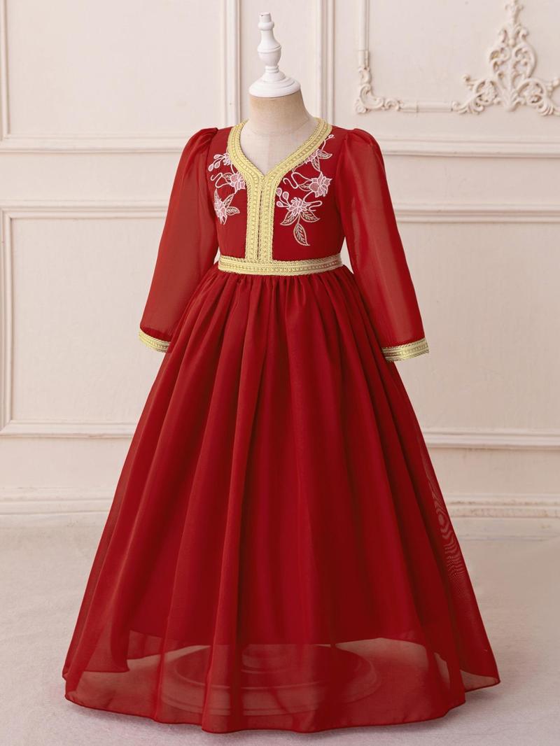 Product Introduction of Girl's Floral Embroidery Sweater Dress, Elegant Long Sleeve Round Neck A Line Dress for Party Wedding Guest, Kids Clothes for All Seasons 3