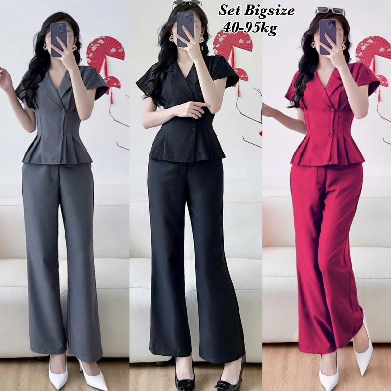 [Xả kho qua mẫu] Set Bộ Dài Tay Ngắn Bigsize Cổ Vest 2 Nút Quần Ống Suông Lụa Chéo Thái Thiết Kế Dự Tiệc Nữ Cao Cấp Xinh Đẹp Sang Trọng  50-95kg Top Cotton Màu Nâu Sen Màu Đen Set Đồ Nữ đẹp Set Áo Croptop Bộ Suit Nữ Sang Chảnh Bigsize Women set  vest