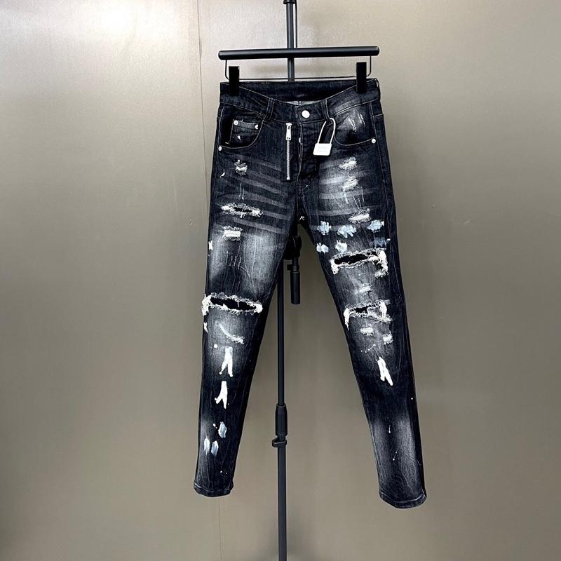 Quần jean đen xám vá thêu 3 miếng râu tôm tang hồng host boy phố