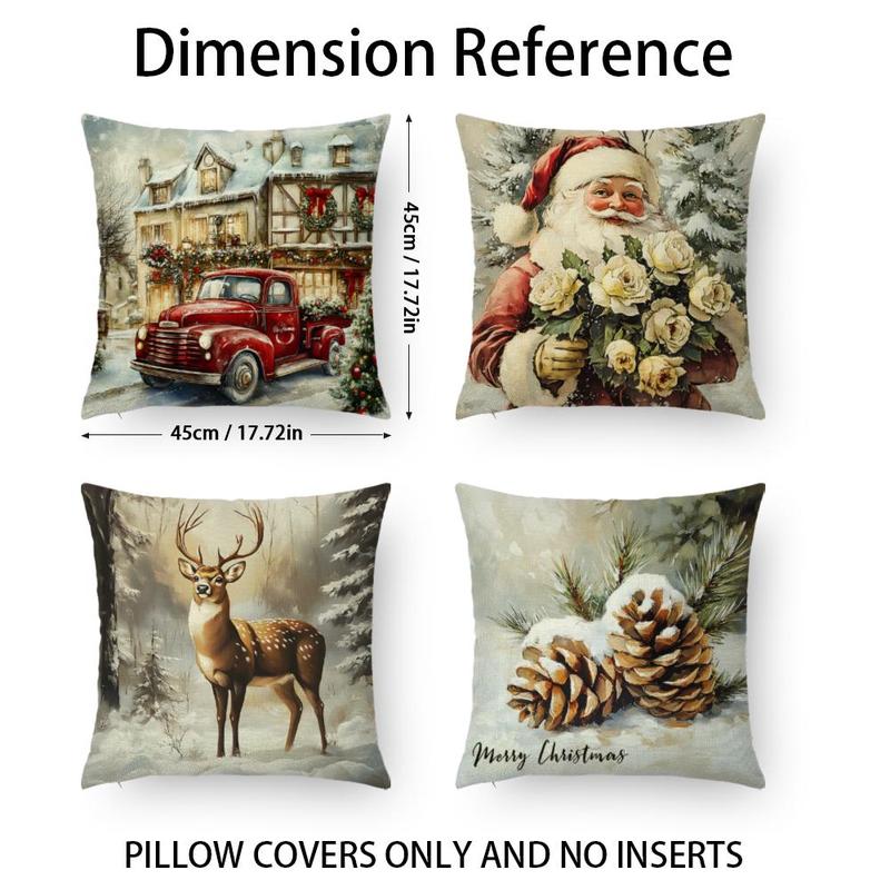 Product Introduction of Christmas Themed Pillow Case, 4 Counts/set Santa Claus & Animal Pattern Cushion Cover without Filler, Square Pillow Cover for Home Decor 1