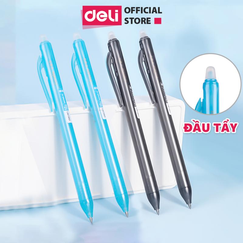 Bút bi gel bấm văn phòng Deli ngòi 0.5mm học sinh, bút mực xóa được mực đều nét chữ đẹp - Xanh/Đen - 1 chiếc