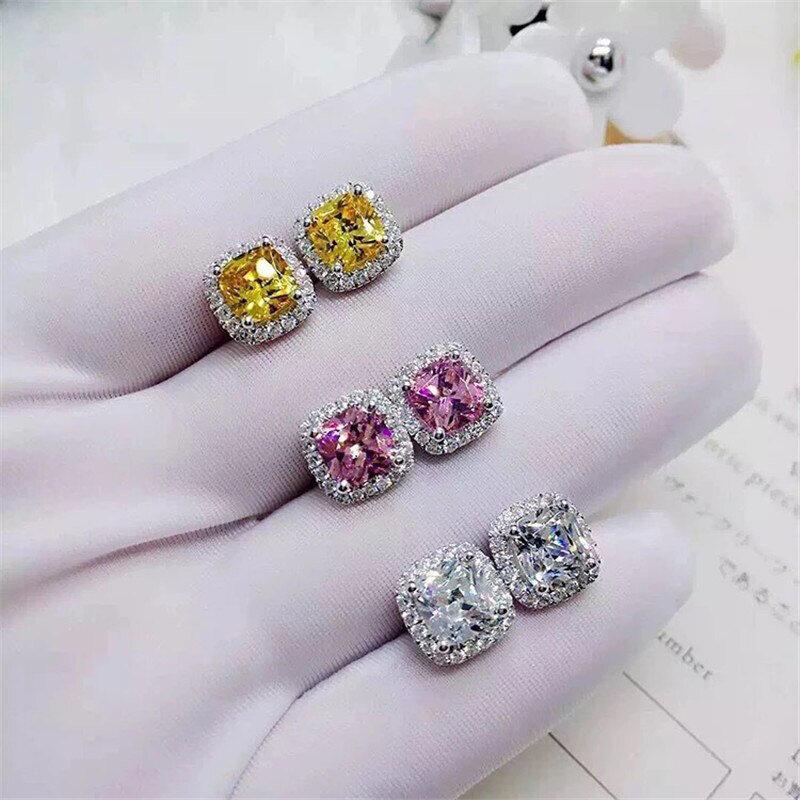 Product Introduction of Huitan Bright White/Yellow/Pink CZ Stud Earrings for Women Fashion Contracted Jewelry High Quality Wedding Engagement Earrings 4