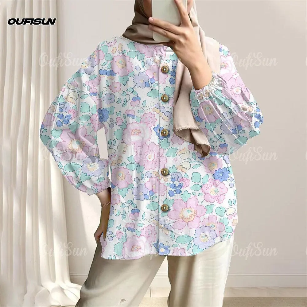 2025 NEW Ladies' Family Parent Child Shirt Women's Muslim Long Sleeve Shirt Muslim Simple Floral Print Women's Casual Top Oversized S-5xl