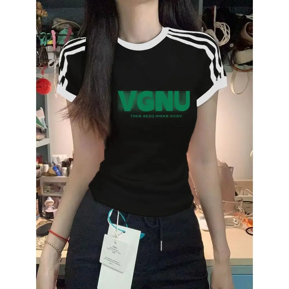 Summer American Retro Three-Stripe Short Sleeve T-Shirt for Women Sweet and Spicy Ins Style Slim Fit Regular Shoulder Short Top Internet Celebrity Top