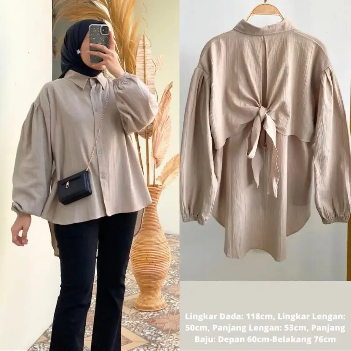 Zize Blouse  Kemeja Tali Pita Belakang /Atasan  Bahan  Crinkle  Airflow / Baju Wanita Casual Panjang Top Oversize Balon atasan  korea