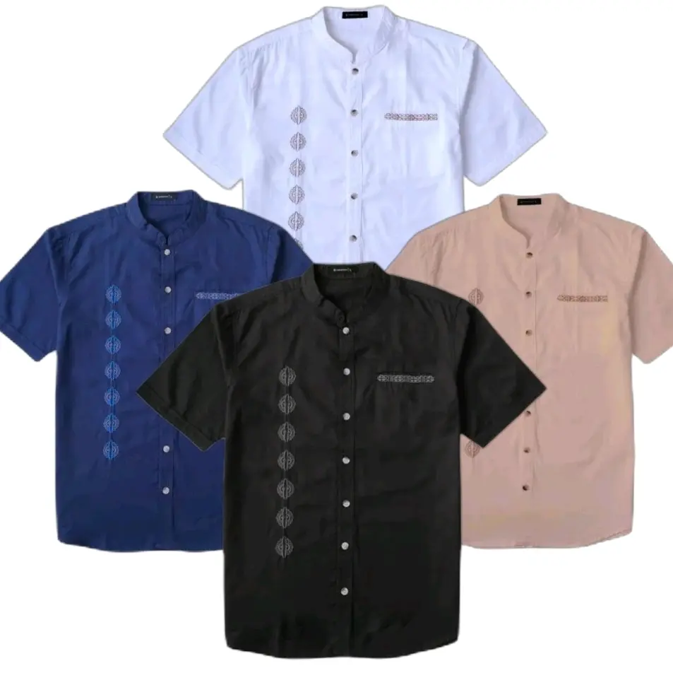 Baju Koko Bordir Pria dewasa lengan  Pendek warna Putih Hitam Cokelat Navy bahan Katun tipis adem Nyaman- Muslim.