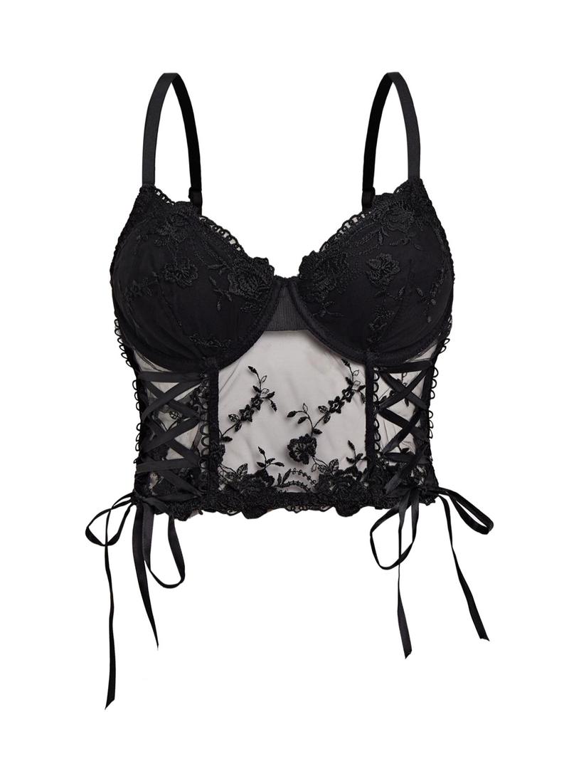 Product Introduction of Women's Floral Embroidery Lace Crop Cami Top, Sexy Fashion Casual Spaghetti Strap Crop Top for Daily Outdoor Wear, Women Top Clothes for Summer 1