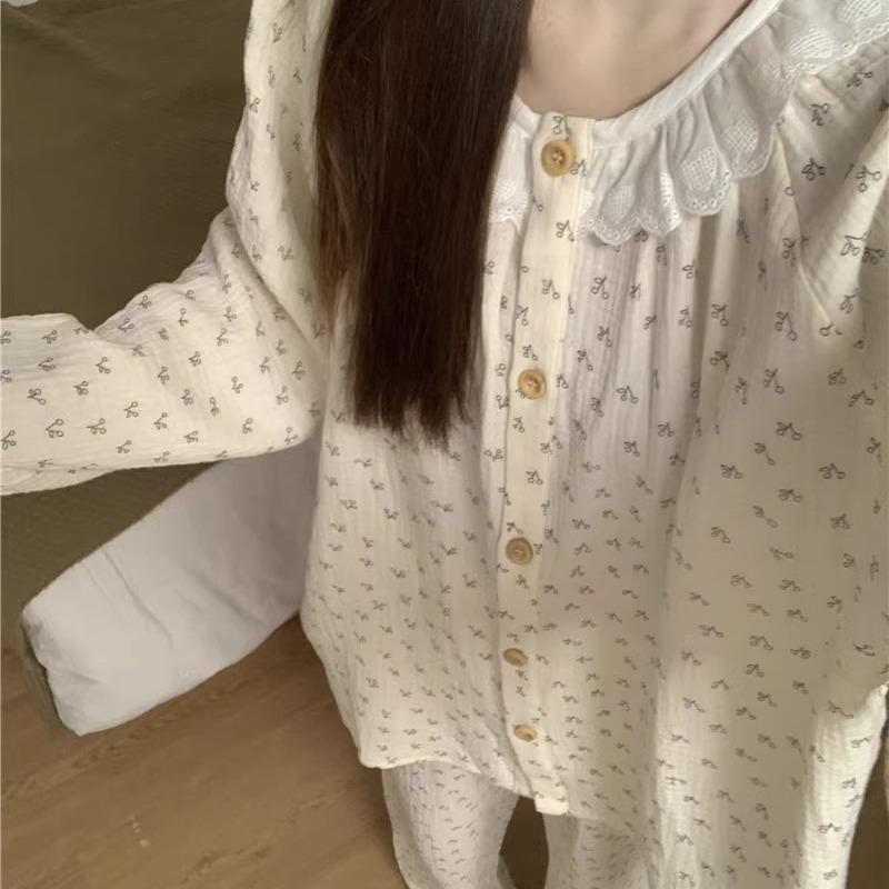 Bộ Đồ Ngủ Nữ, Phong Cách Hàn Quốc, Cỡ Nhỏ Thiết Kế Hoa, Cổ Áo Hoa, Áo Dài Tay Và Quần, Đồ Mặc Nhà Thường Ngày Mẫu Mới Cho Mùa Xuân, Mùa Thu Và Mùa Đông