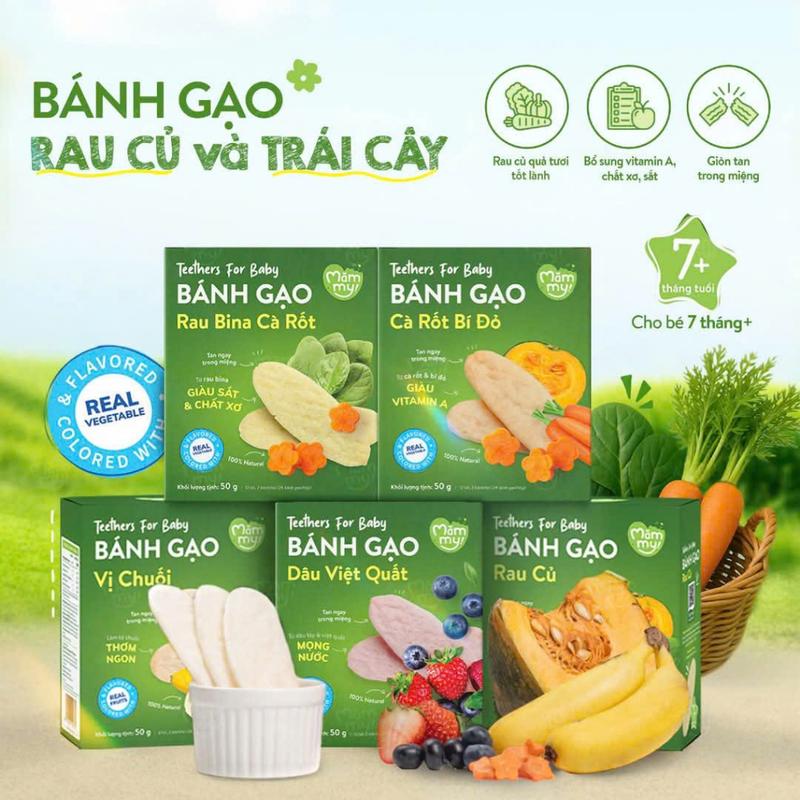Bánh ăn dặm gạo dẹt rau củ Mămmy giúp bé tập nhau bổ sung dinh dưỡng, hỗ trợ tiêu hóa cho bé 7 tháng bánh  ăn  dặm  gerber  bé  6  tháng