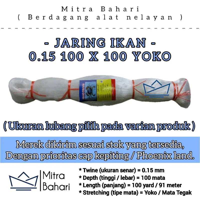 JARING IKAN 0.15 100X100 YOKO ( MATA TEGAK / BERDIRI ) | PUKAT 0.15 | JARING IKAN SENAR 015 | JARING IKAN COD | PUKAT COD | JARING IKAN 5 INCH | JARING IKAN SENAR HALUS | JARING KEPITING | PUKAT 3/4 INCH 0