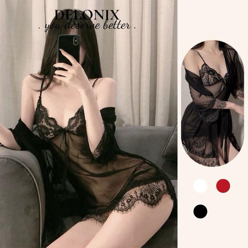  V012 Set váy choàng voan ngủ 2 dây xuyên thấu cột nơ phối ren sexy hot trend hàng QC cao cấp Nữ 