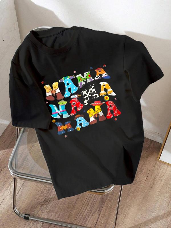 Women's "mama" Cartoon Letter Print / Plain Round Neck Drop Shoulder Tee, Casual Fashion Half Sleeve Crew Neck T-shirt for Daily Holiday Vacation Wear, Ladies Clothes for All Seasons 3