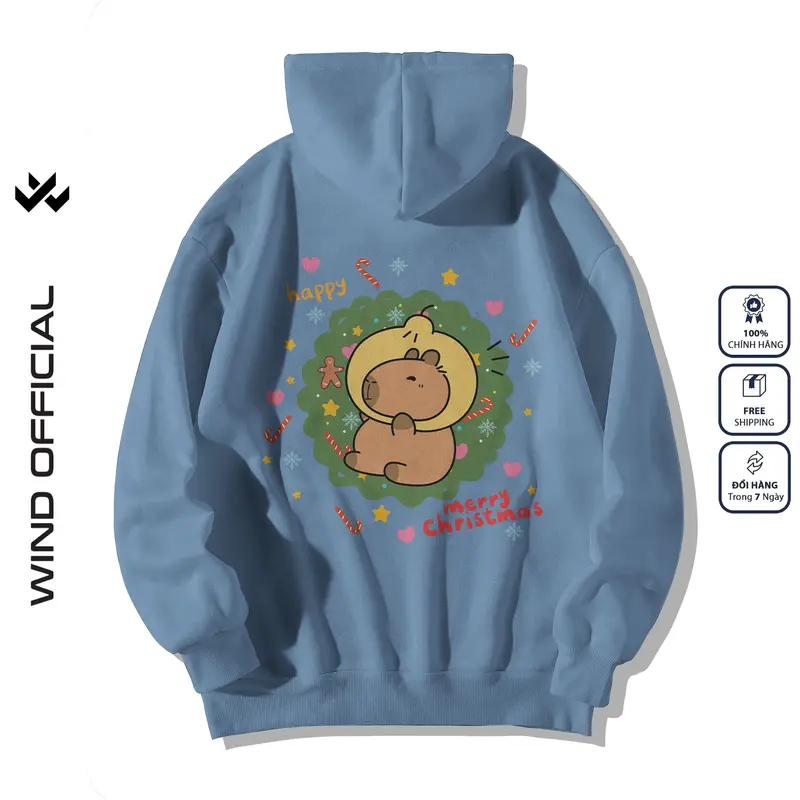 Áo hoodie unisex form rộng WIND Capybara Merry Christmas hoodie nút bấm thời trang nam nữ nỉ bông oversize Menswear Dài Tay Tay Dài 5