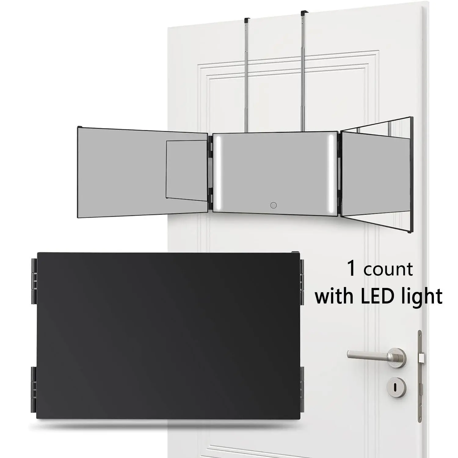 Foldable LED Light Up 3 Sided Makeup Mirror, Portable 3 Way LED Lighting Mirror for Self Hair Cutting, Wall Mounted or Door Hanging 360 Trifold Barber Mirror