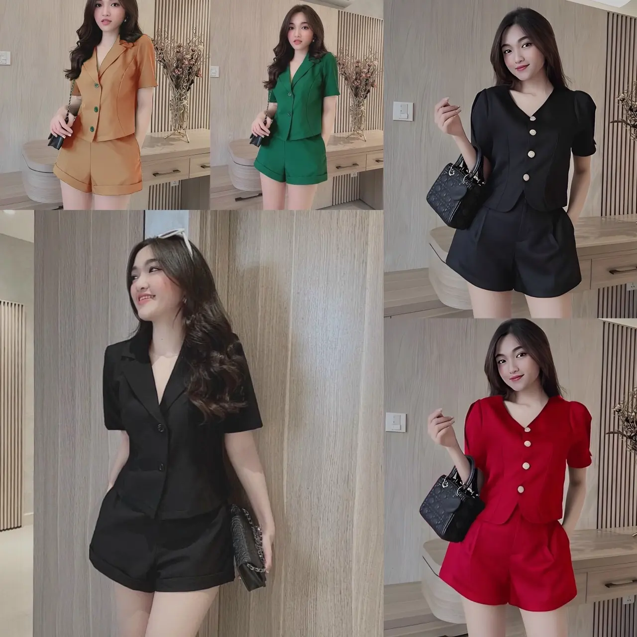 Thời Trang Bigsize Set Quần Đùi Áo Cổ V Dự Tiệc Vải Cotton Lạnh 50 - 100Kg Dễ Thương Top Nữ Đen Women Xoè - A.1143
