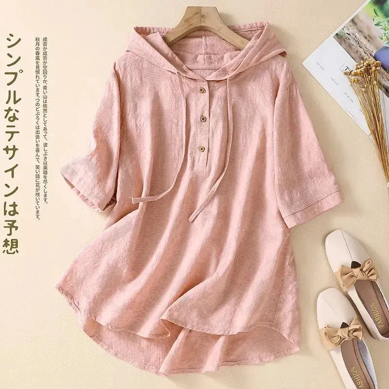 Pink Hooded Casual Short Sleeve Loose Single Breasted Pullover Women's Blouse Shirt Korean Fashion Female Clothing Tops 2024 Womenswear Sweatshirts
