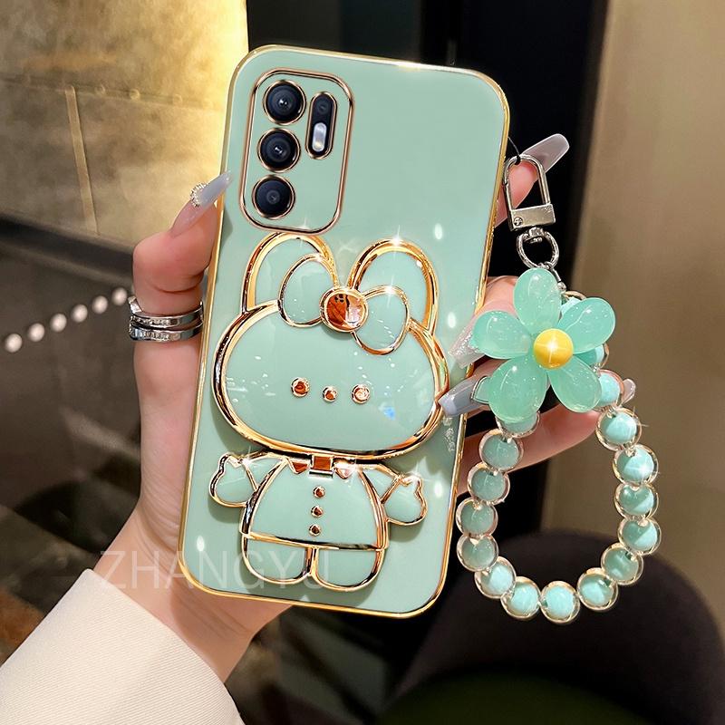 Vỏ OPPO reno 6 4g reno 6 5g reno 6 z 5g Ốp Điện Thoại TPU 3D Rabbit Stereo Stand, vỏ mềm mạ điện siêu mỏng, vỏ bảo vệ chống sốc với vòng đeo tay