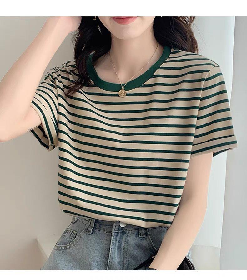 Product Introduction of Áo Phông Sọc Trắng, Ngắn Tay Nữ, Bộ Sưu Tập Mùa Hè 2024, Hàng Mới Về, Thích Hợp Cho Mùa Xuân Và Mùa Thu, Áo Mỏng, Dáng Rộng Vừa Vặn, Áo Phông Cổ Thuyền Top Women 3