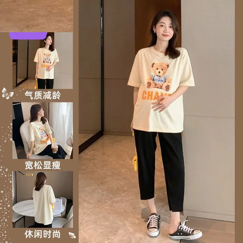 Bộ Đồ Bà Bầu, Dành Cho Nữ, Thời Trang Mùa Hè, Áo Phông, Bộ Hai Mảnh, Áo Dáng Rộng, Bộ Mỏng, Thiết Kế Xếp Nếp Gấu Người Nổi Tiếng Trên Internet, Trang Phục Mùa Hè