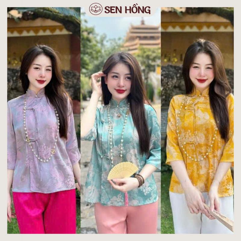 Mẫu Đồ lam đi chùa - Set Pháp phục nữ vải tơ quần áo đi chùa thiết kế cổ tàu cúc tết dây - bộ Phật tử vải tơ mềm vân hoa S61