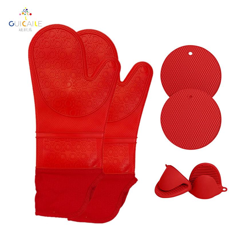 Product Introduction of Silicone Heat Insulation Oven Gloves Microwave Oven High Temperature Resistant Thickened Kitchen Insulation Gloves Honeycomb Mat Handbag 6-Piece Set 18