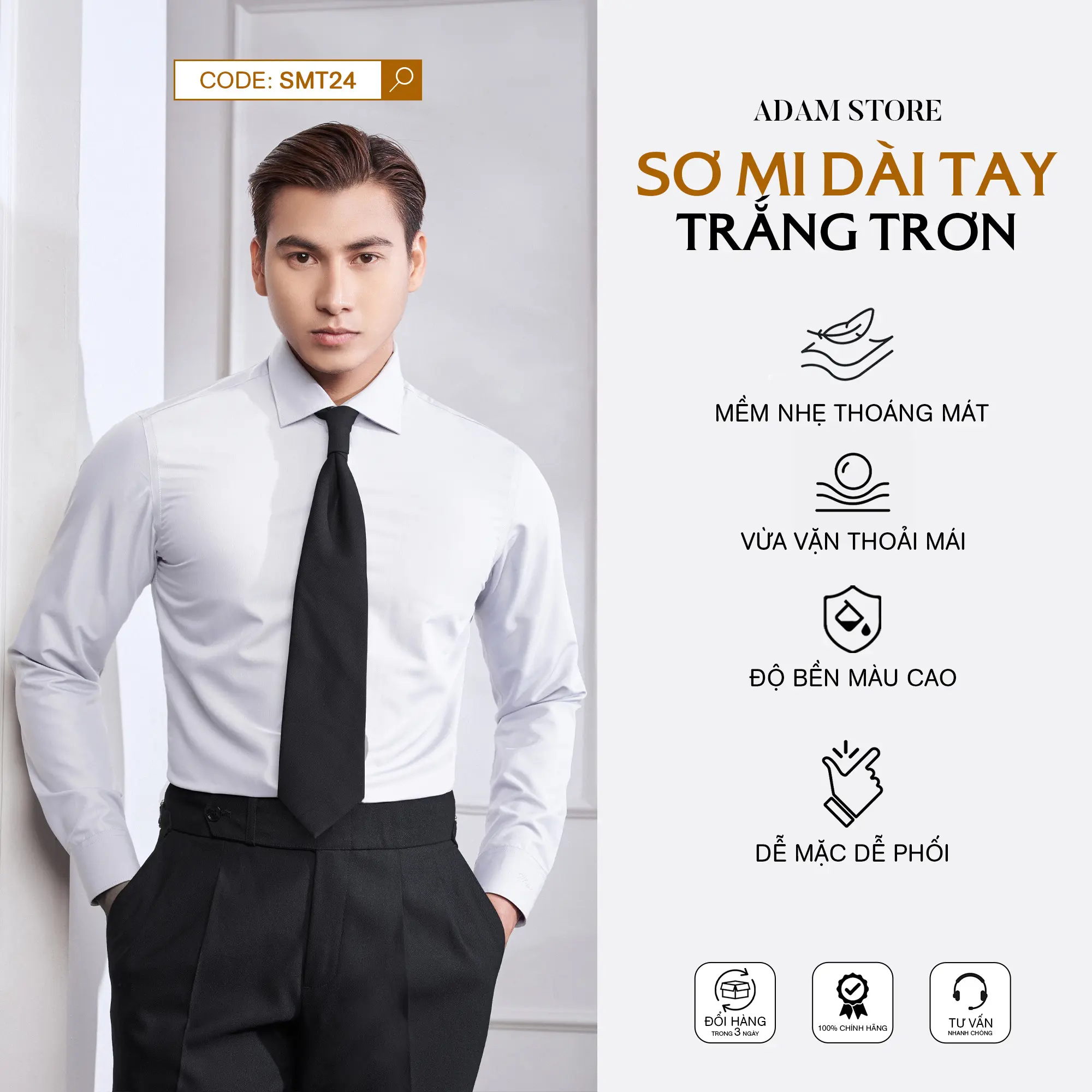 SƠ MI ADAM STORE DÀI TAY TRẮNG TRƠN SMT24