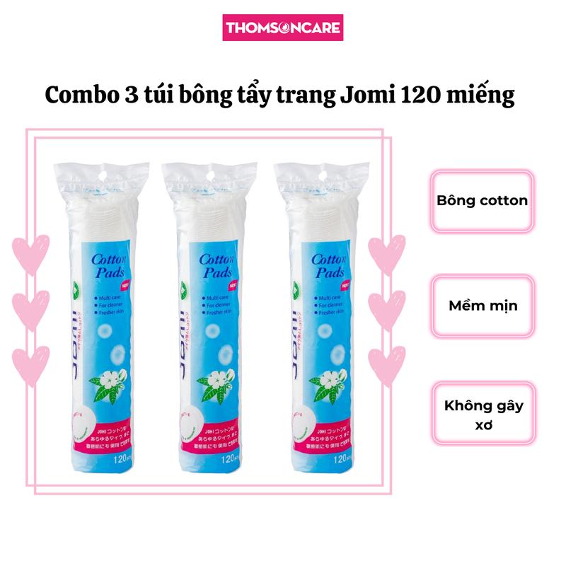Combo 3 gói bông tẩy trang Jomi 120 miếng - Cotton Pads - bông cotton từ thiên nhiên Skincare