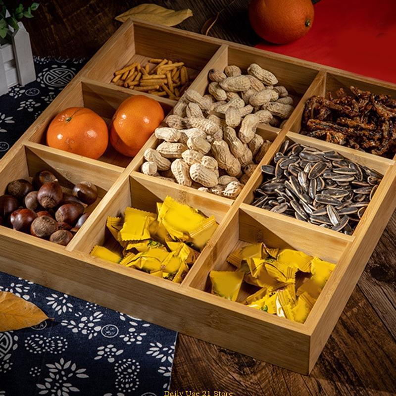 Product Introduction of Rustic Wooden Divided Plates Storage Boxes Dried Fruit Container 4/6/9 Grids Nut Candy Bamboo Tray 9