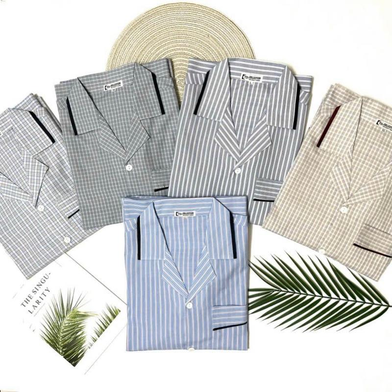Bộ pijama bộ ngủ nam trung niên ông già kẻ kate dài tay