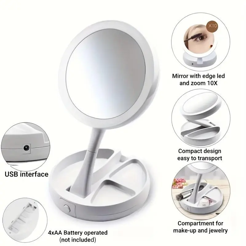 Magnifying LED Makeup Mirror with Light, Battery/USB Powered Mirror, Beauty Gift for Women, Batteries Not Included, Smart Mirror for Home Decor, Bathroom Accessory, Gadgets 4