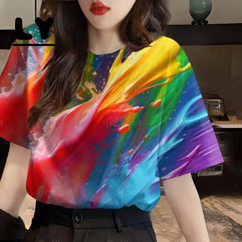 women's T-shirt with short sleeved pattern printed for summer 2025 Water Splashing Festival Ultra fine fiber 96587