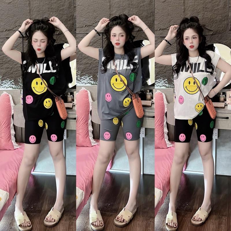 SÉT BỘ NGỐ ÁO THUN COTTON BA LỖ in hình (mc smile) phối quần ngố thun cotton in hình (mc) nữ mặc nhà đi chơi- Tuhaodobo Women Top 1
