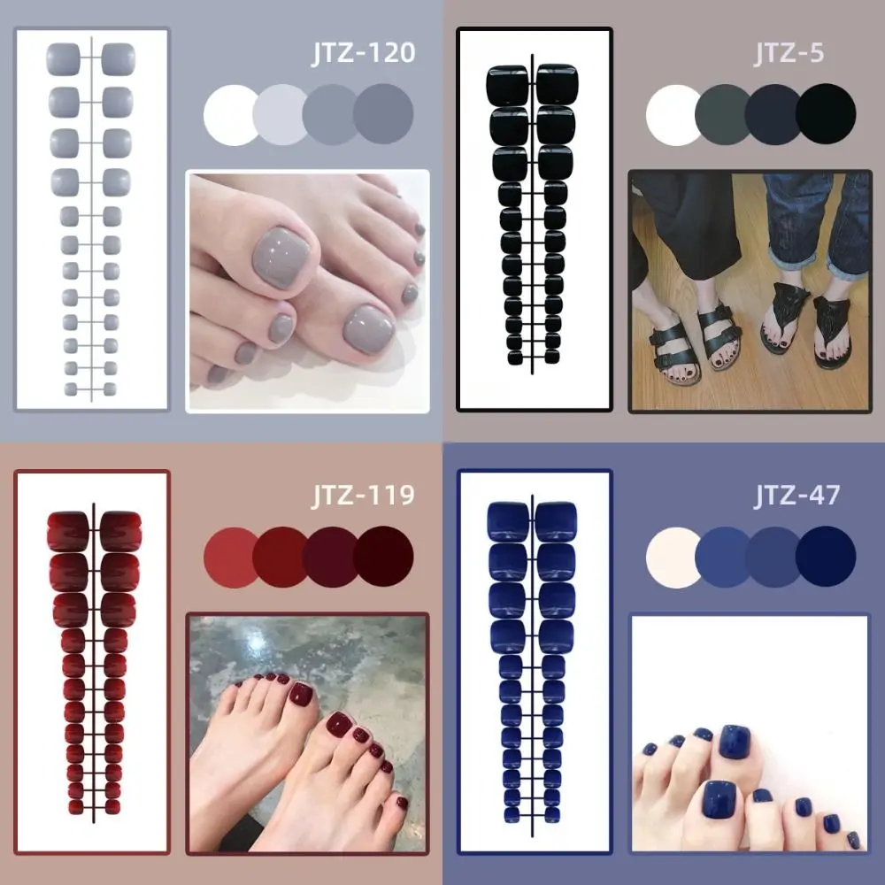 24Pcs Nail Tips Detachable Solid Color Fake Toe Nails Full Cover Wearable False Toenail Manicure Bright Press-on Nails Women