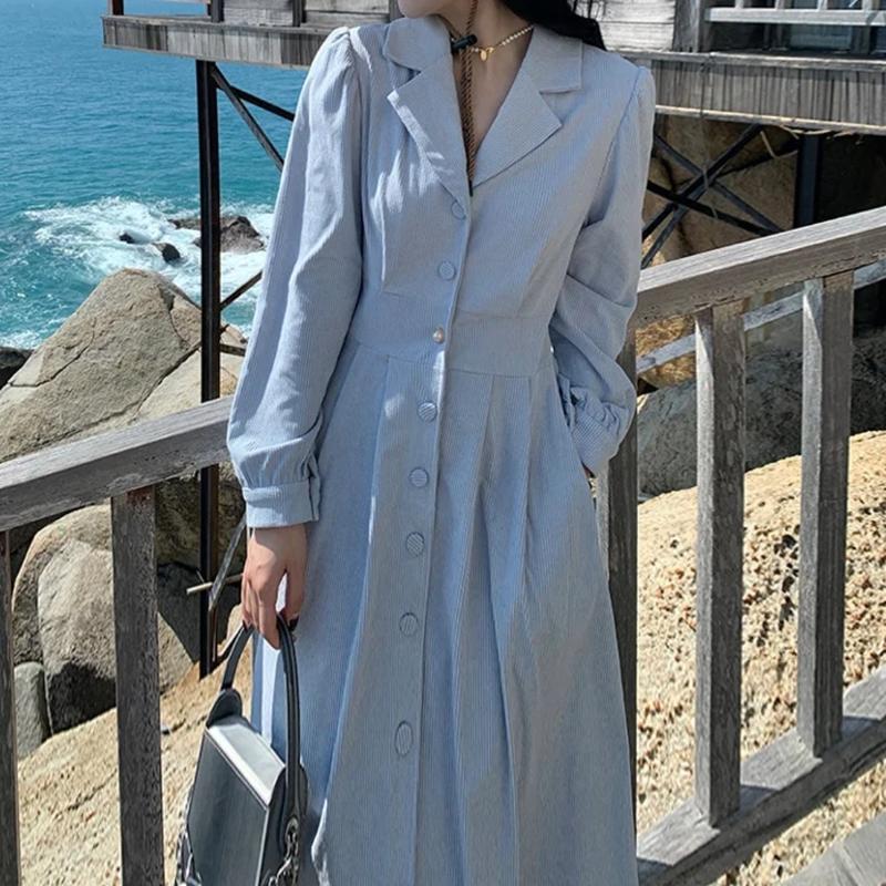 Product Introduction of Dress Korduroi Wanita Musim Gugur Gaya Korea Baru Desain Kerah Rok Panjang Manis Biru Merah Midi Putih Casual Gaun Retro Sifon Pendek Mini 24