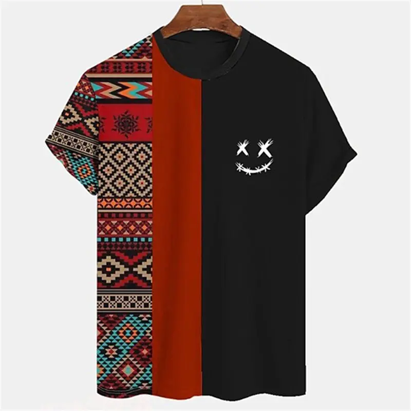Vintage Men's T-shirt Striped 3D Short Sleeve Tops Tees Fashion Harajuku Print T Shirt Oversized Streetwears Loose Male Clothing Fabric Menswear Round Neck