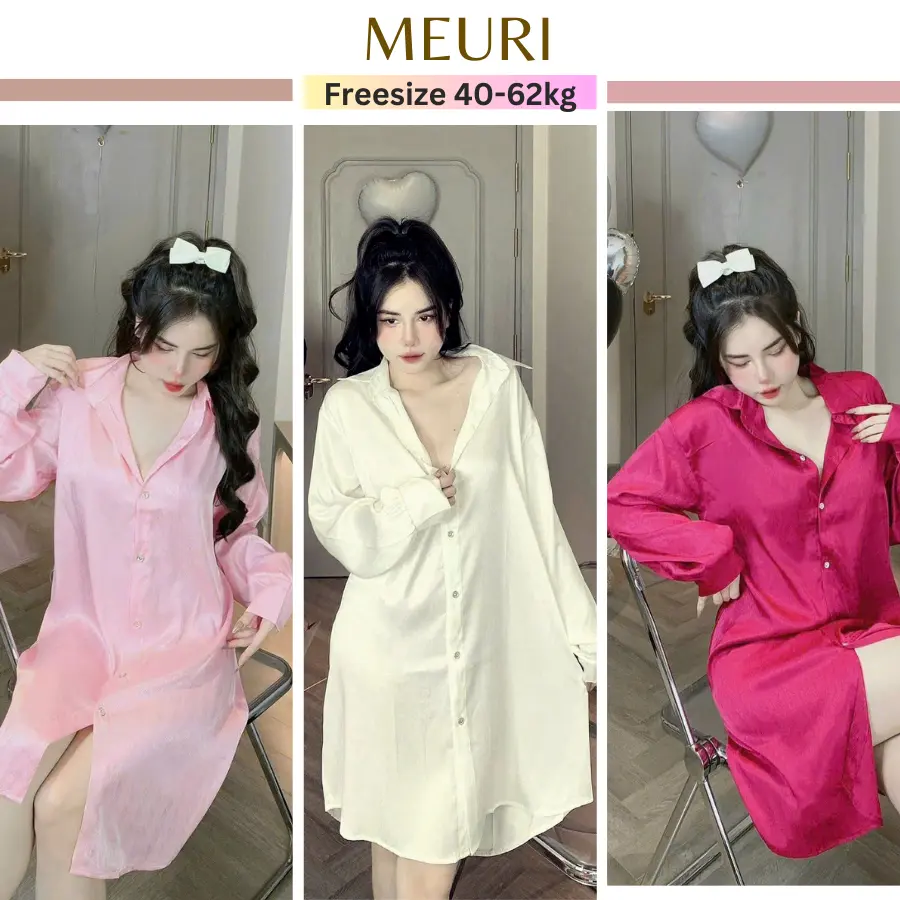 Váy ngủ sơ mi lụa xướt trơn tay dài hè mặc mát.