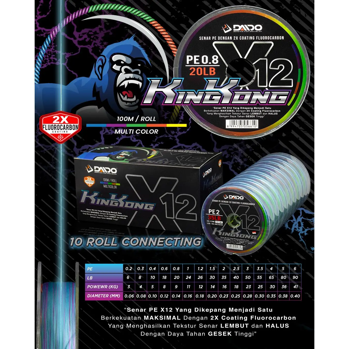 SENAR PANCING DAIDO KINGKONG X12 MULTI COLOUR PE 0.2 SAMPAI PE 6 100M