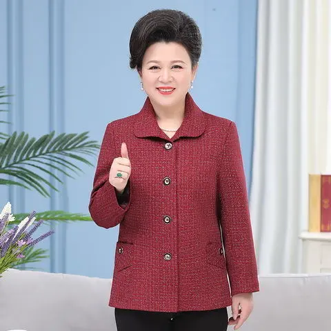 Quần áo mùa xuân và mùa thu cho phụ nữ trung niên và cao tuổi, áo khoác của bà, quần áo của mẹ, quần áo ngoại cỡ cho phụ nữ, áo của phụ nữ lớn tuổi