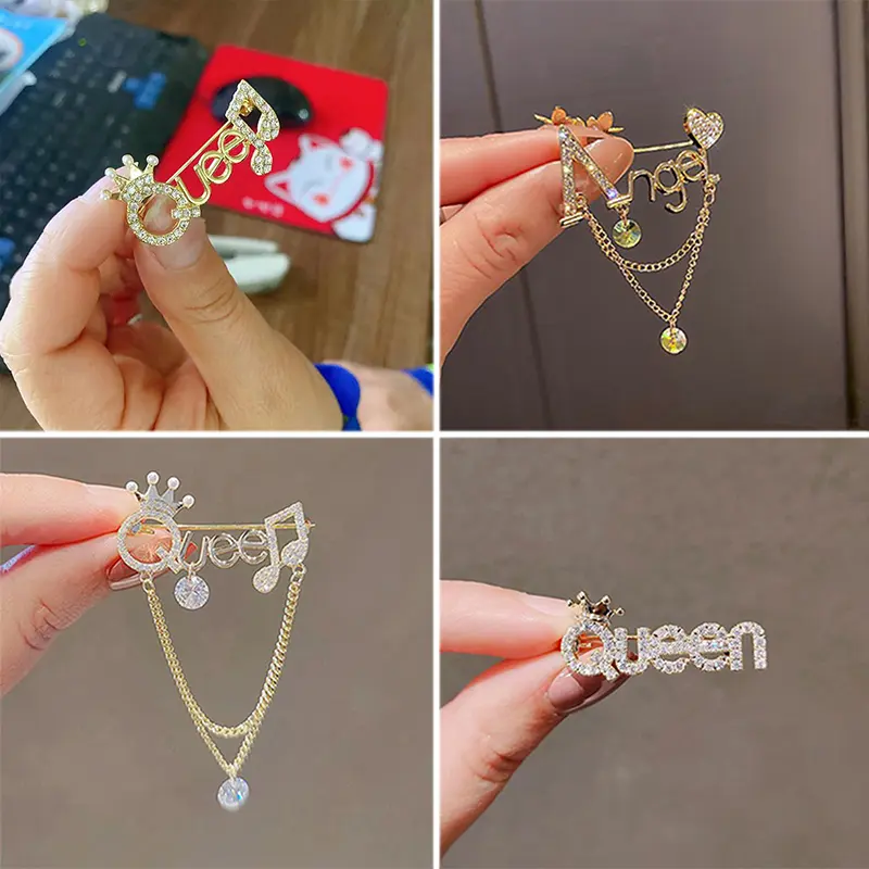Queen Crown Angel English Letter Tassel Brooch Pin for Women Fashion Accessories Hijab Pin  Gift