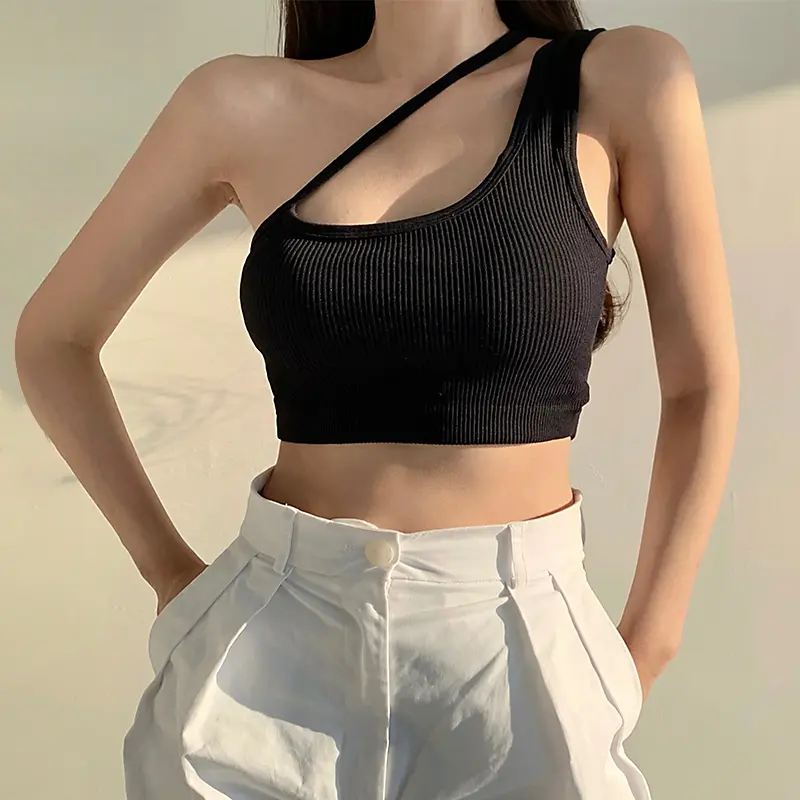 Women Sexy Navel Tops  Plain & Ribbed One Shoulder Sleeveless Slim Crop Top, Ladies Summer Bandage Short Shirt