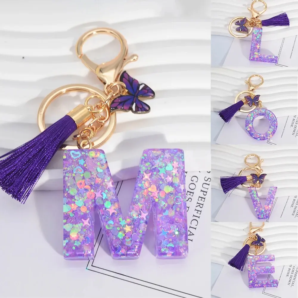 A-Z Purple Star Letters Keychain Cute Tassel Butterfly Pendant Initials Keyring for Women Handbag Charm Car Keys Accessories