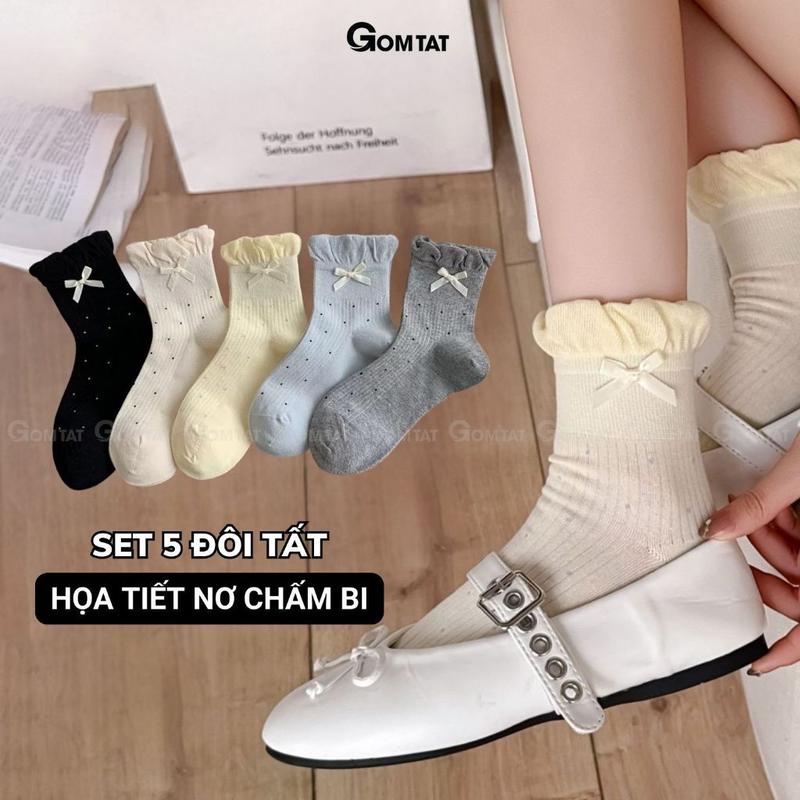   HÀNG MỚI VỀ Set 5 đôi tất lolita phối nơ GOMTAT vớ nữ phối nơ họa tiết chấm bi phong cách Hàn Quốc hot trend - ZFK-B011-CB5 