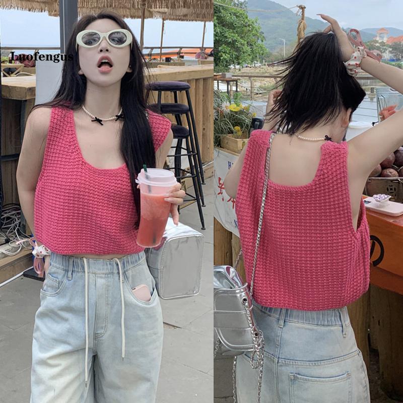 Women's Crochet Knit Tank Tops Casual Loose Fitting Round Neck Sleeveless Showing Navel Solid Color Shirt for Summer 4
