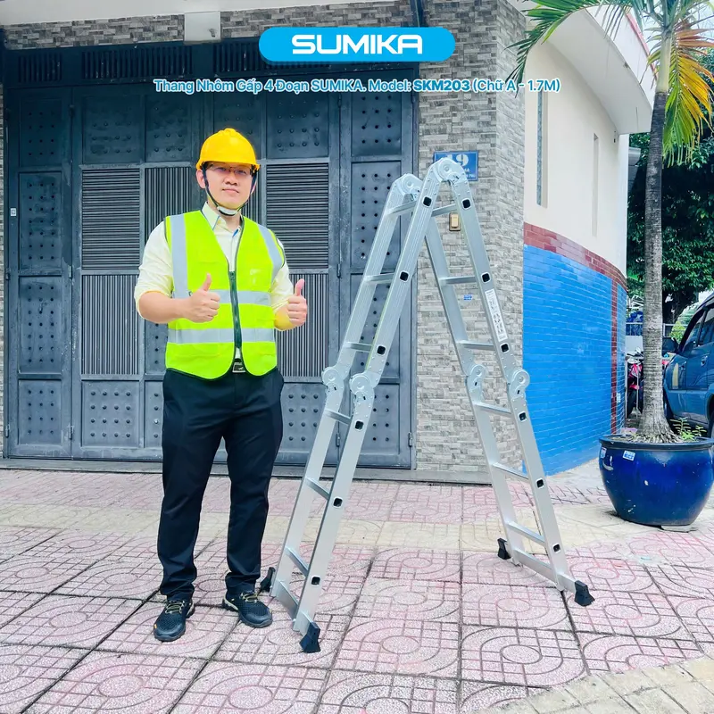 Thang nhôm gấp 4 đoạn SUMIKA SKM203, chữ A cao 1.7m, chữ I cao 3.4m, 14 tư thế sử dụng 8
