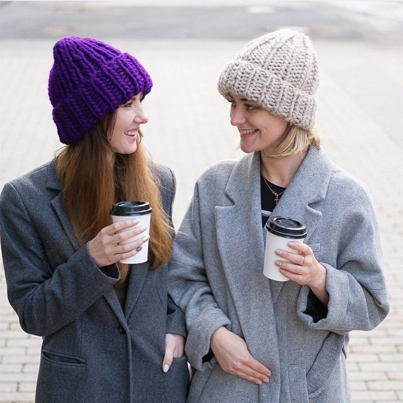 Product Introduction of Winter Knitted Beanies Hat Thick Soft Warm Coarse Large Knitted Solid Hat Female Ice Ski Bonnet Skullies Beanies Hat Cap 8