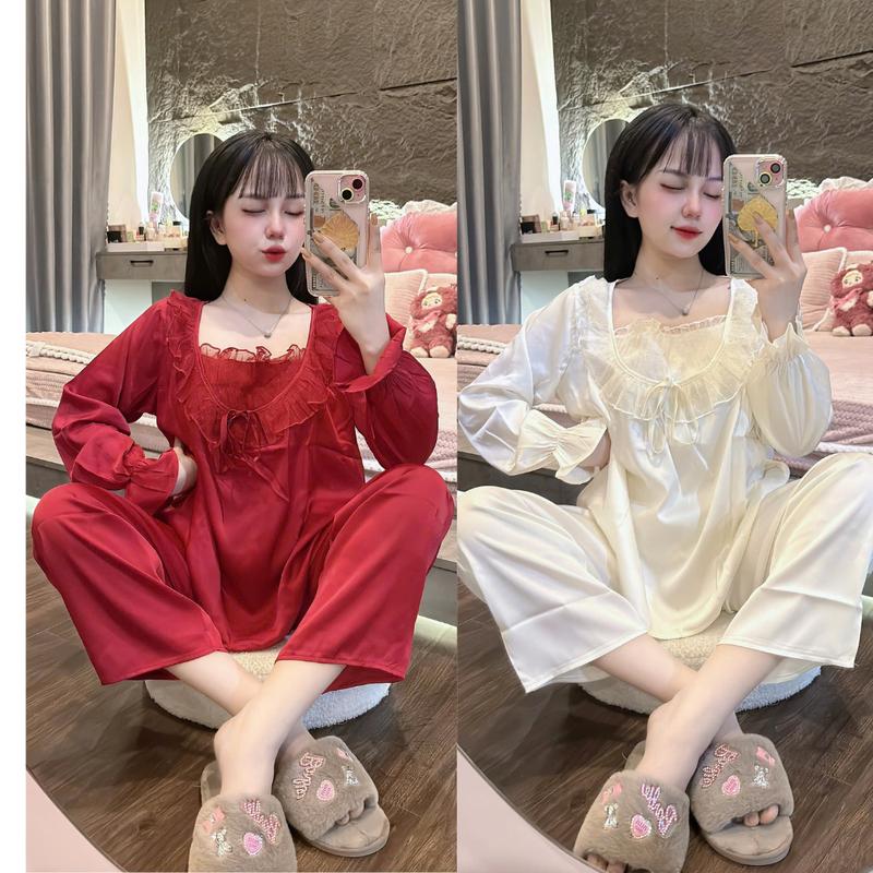 Đồ bộ nữ xinh xắn tiểu thư vải lụa latin mềm mịn mát chấm bi nhúng Freesize, Pyjama nữ Nhung Áo Women Quần Ngủ Đỏ