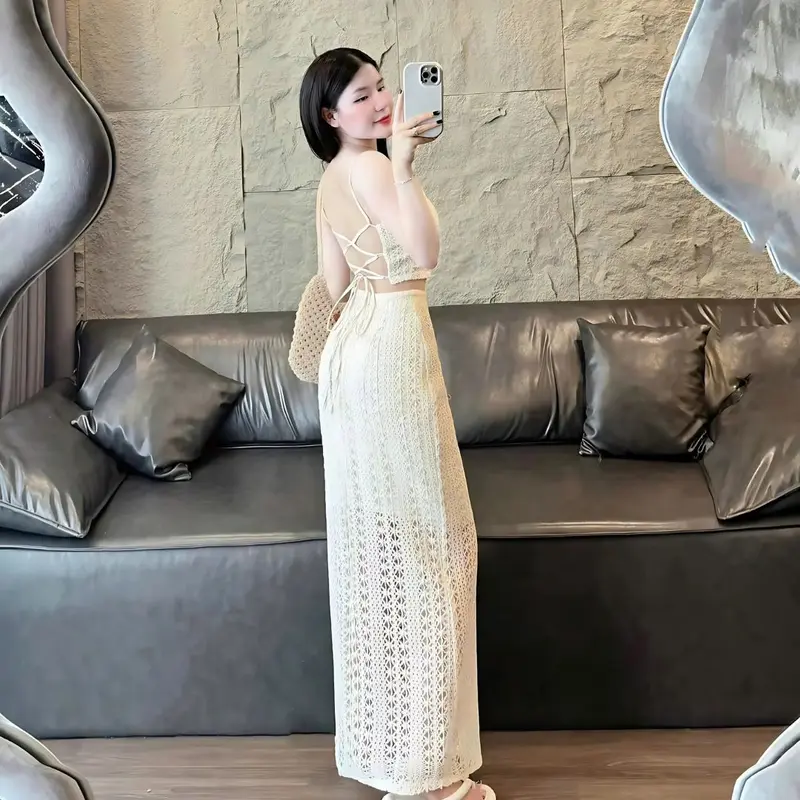 Set đồ nữ áo ren 2 dây có mút ngực phối chân váy dài lưới có lót trong xinh xắn cho nàng diện đi chơi, đi biển 7