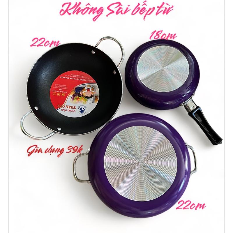 (Giao màu ngẫu nhiên ) Bộ chảo nhỏ.gồm 3 chảo chống dính (chảo bầu 22cm. Chảo bằng 22cm .chảo chiên trứng 18cm ) ( không dùng cho bếp từ )