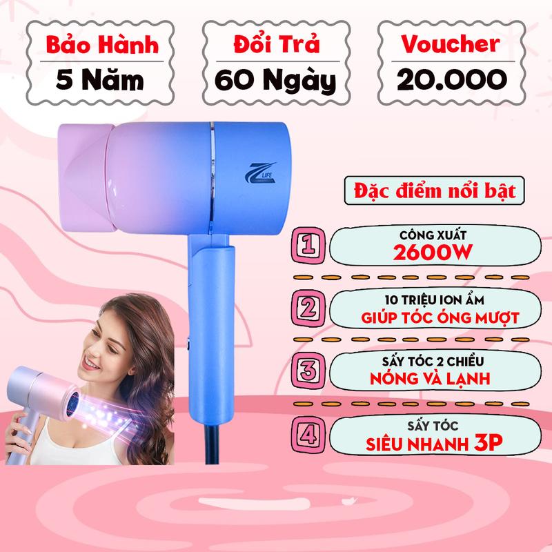 [ Lỗi 1 Đổi 1 ] Máy sấy tóc công suất cao 2600w, sấy 2 chiều nóng lạnh, và 3 chế độ gió