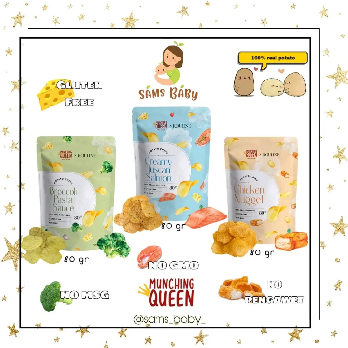 Munching Queen Potato Chips 90gr / Keripik kentang Real Ingredients / Natural / Salmon Creamy Tuscan Potato Chips / Broccoli Pasta Sauce / Chicken Stock